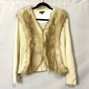 Lisa International Ivory Knit Open Cardigan Sweater Faux Fur Trim Size L